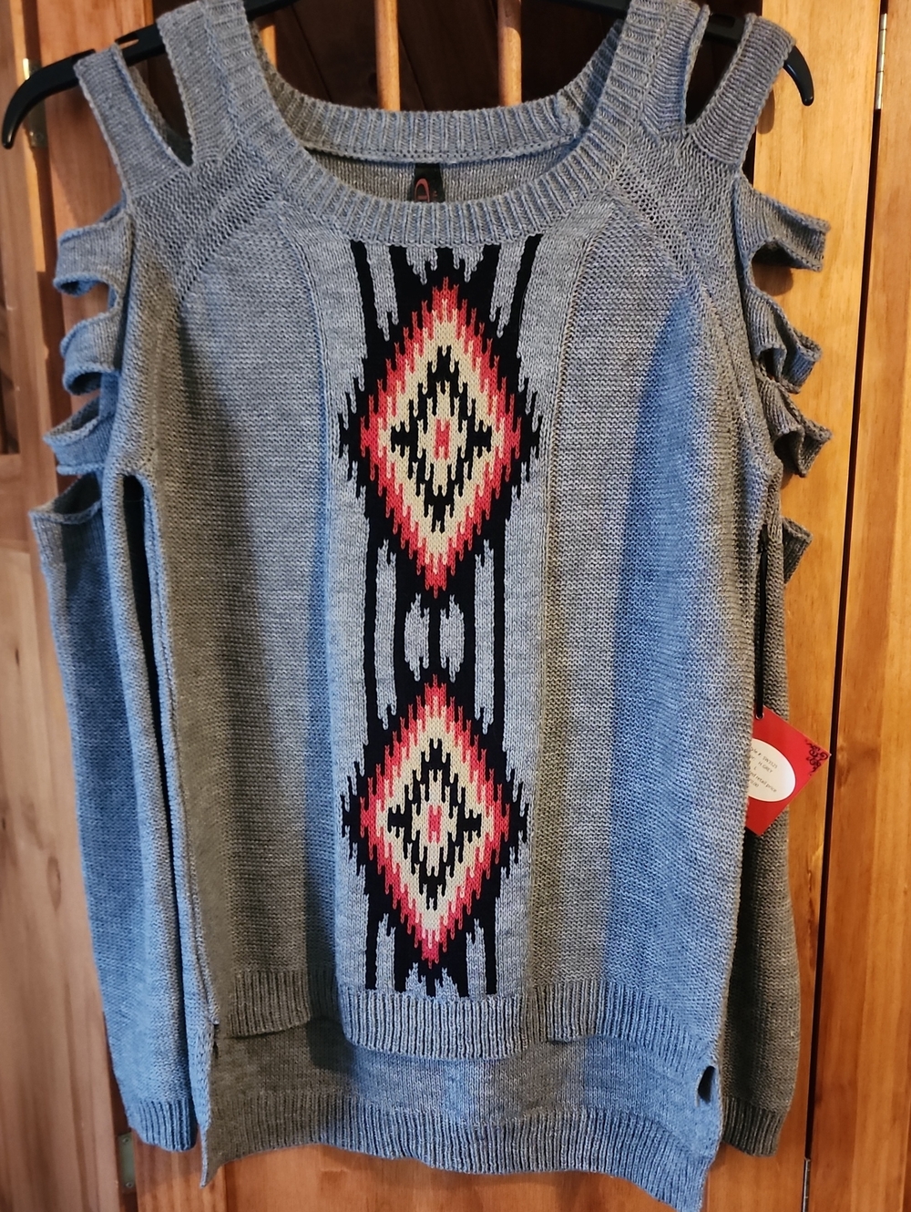 Yoki Grey Cold-Shoulder Sweater with Aztec Stripe